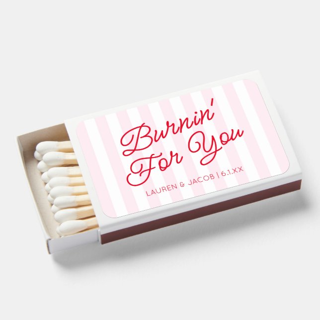 Burnin' For You Retro Red Pink Stripes Wedding Matchboxes (Front Open)