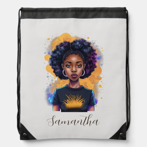 Burning Afro Woman Drawstring Bag