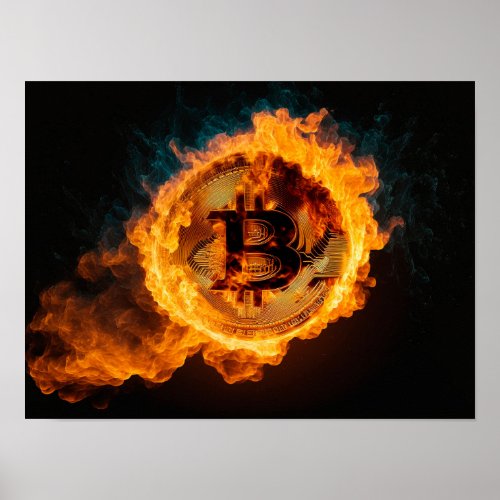 Burning bitcoin on black background poster