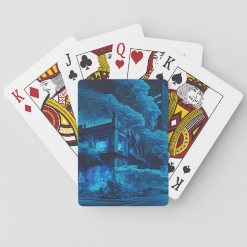 Burning Blue Neon House  Playing Cards
