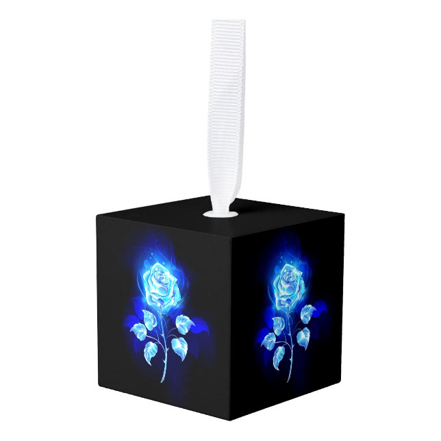 Burning Blue Rose Cube Ornament (Front Angled)
