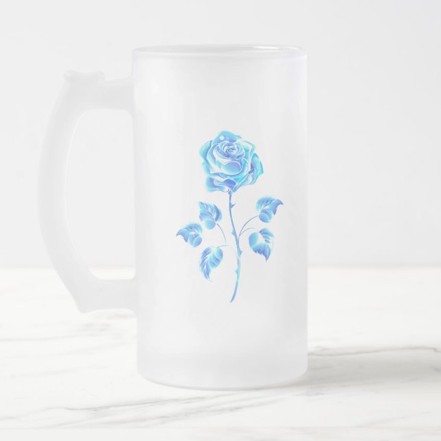 Burning Blue Rose Frosted Glass Beer Mug (Left)