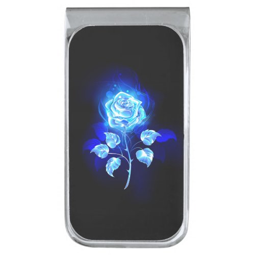 Burning Blue Rose Silver Finish Money Clip