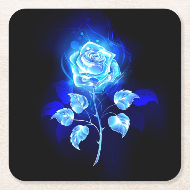 Burning Blue Rose Square Paper Coaster (Front)