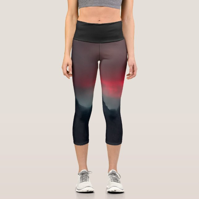 Burning clouds, fog and mountains capri leggings (Front)
