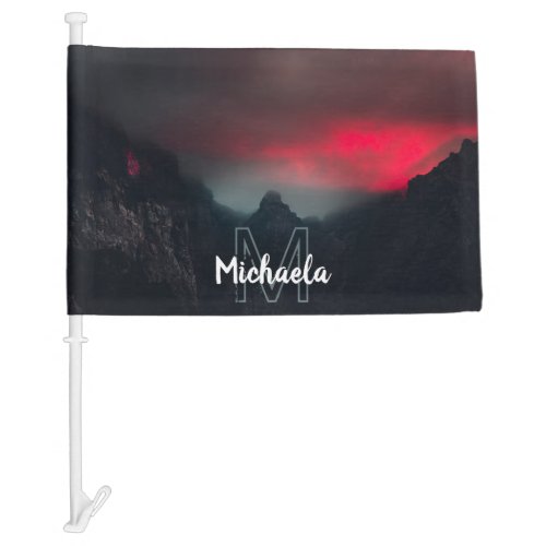 Burning clouds fog and mountains monogram car flag