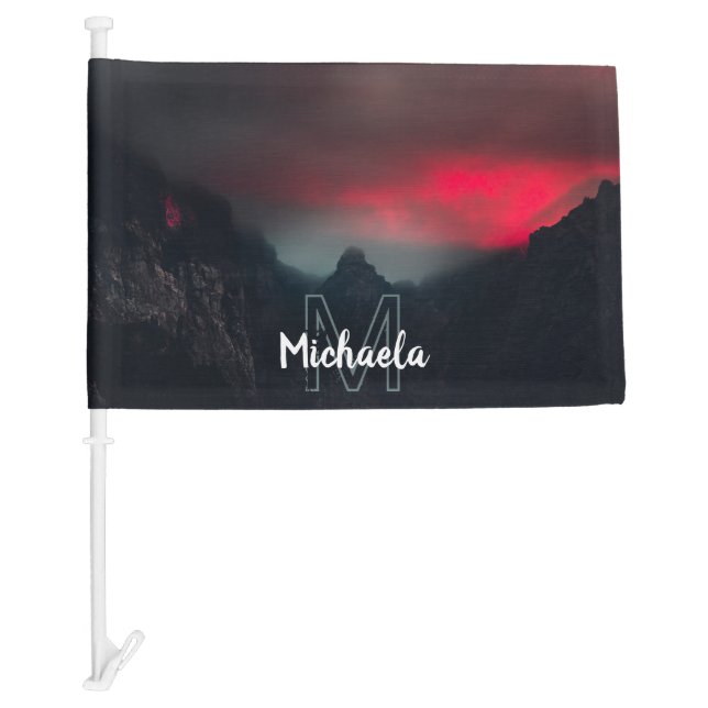 Burning clouds, fog and mountains monogram car flag (Front)