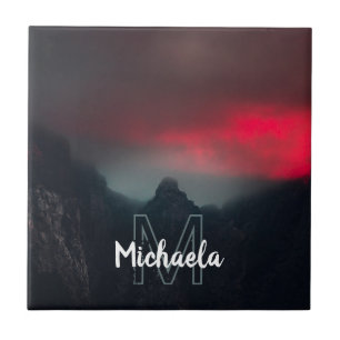 Burning clouds, fog and mountains monogram ceramic tile