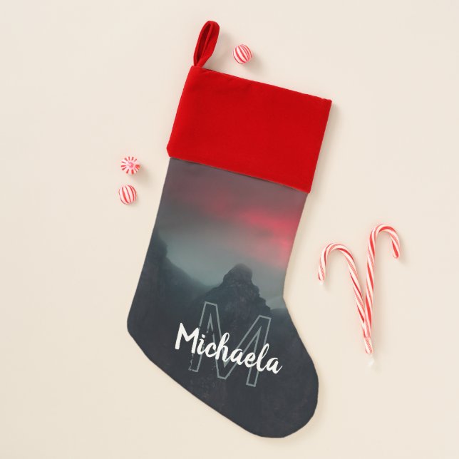 Burning clouds, fog and mountains monogram christmas stocking (Front)