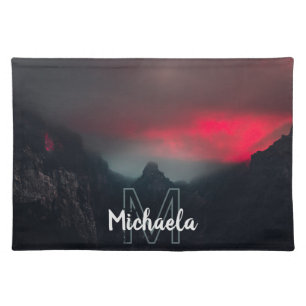 Burning clouds, fog and mountains monogram cloth placemat