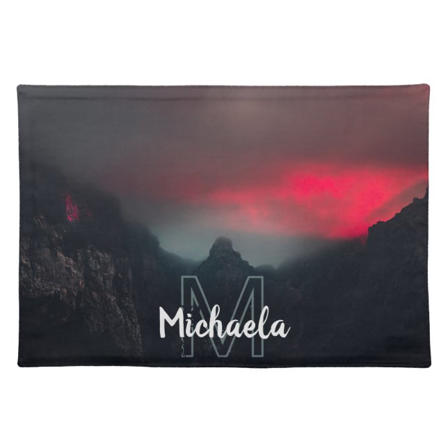 Burning clouds, fog and mountains monogram cloth placemat (Front)
