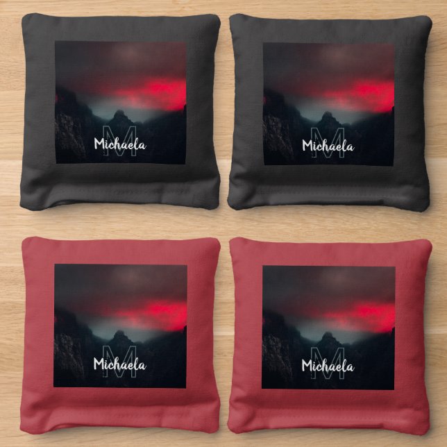 Burning clouds, fog and mountains monogram cornhole bags (Wood)