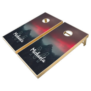 Burning clouds, fog and mountains monogram cornhole set