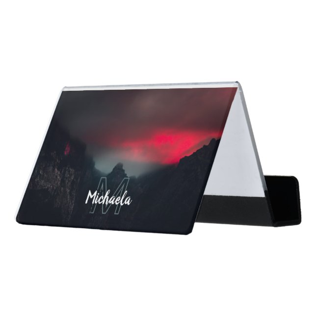 Burning clouds, fog and mountains monogram desk business card holder (Angled Back)