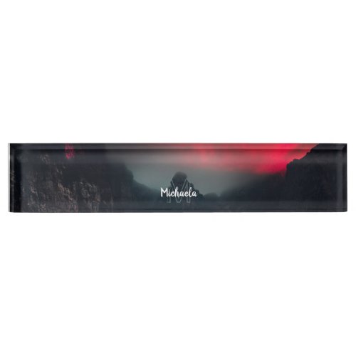 Burning clouds fog and mountains monogram desk name plate