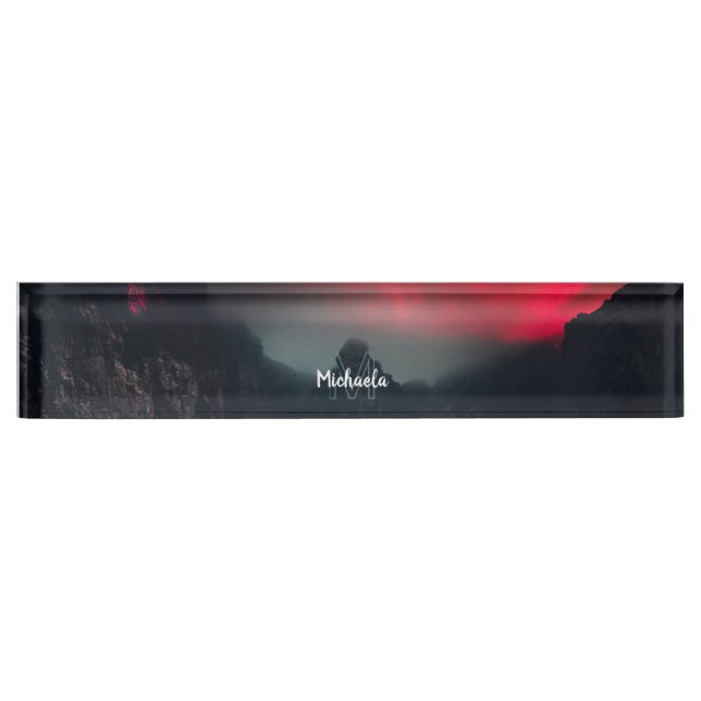 Burning clouds, fog and mountains monogram desk name plate (Front)
