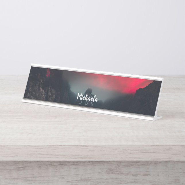 Burning clouds, fog and mountains monogram desk name plate (Front)