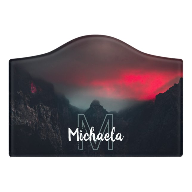 Burning clouds, fog and mountains monogram door sign (Small Crest Front)