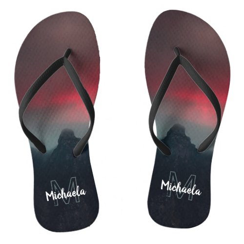 Burning clouds fog and mountains monogram flip flops