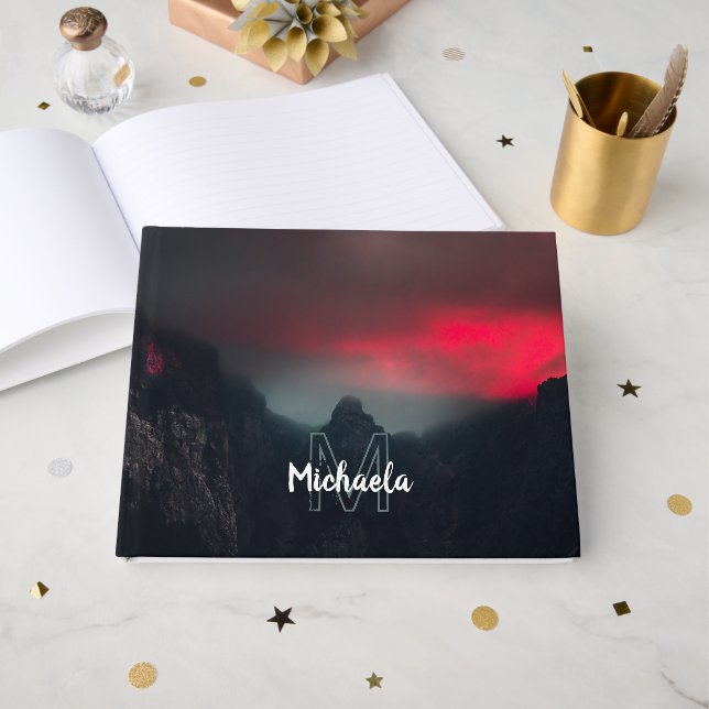 Burning clouds, fog and mountains monogram guest book (Front Open)