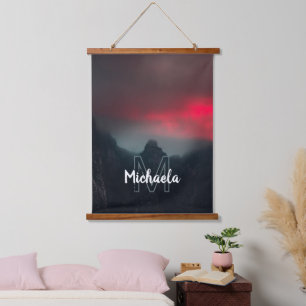 Burning clouds, fog and mountains monogram hanging tapestry