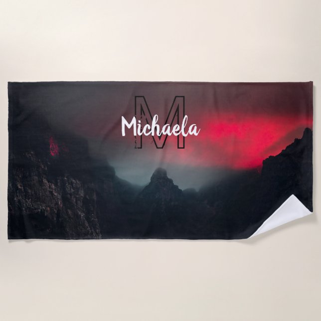 Burning clouds, fog and mountains monogram in sky beach towel (Front)