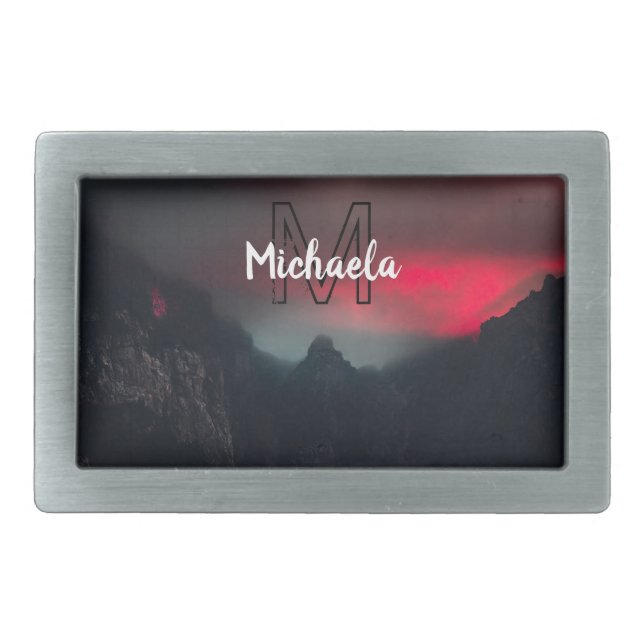 Burning clouds, fog and mountains monogram in sky belt buckle (Front)