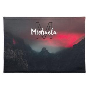 Burning clouds, fog and mountains monogram in sky cloth placemat