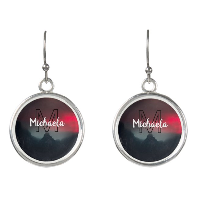 Burning clouds, fog and mountains monogram in sky earrings (Front)
