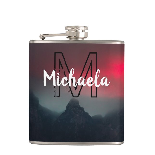 Burning clouds, fog and mountains monogram in sky flask (Front)