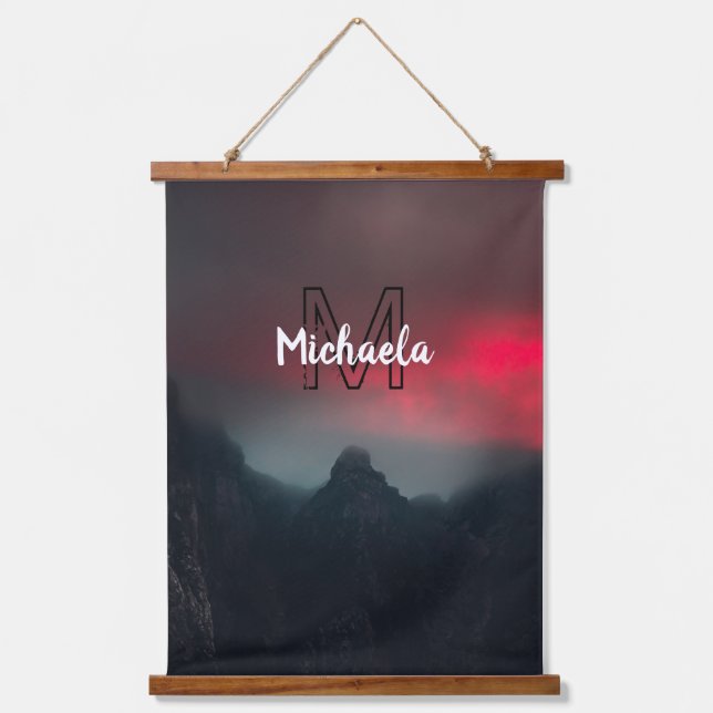 Burning clouds, fog and mountains monogram in sky hanging tapestry (Front)