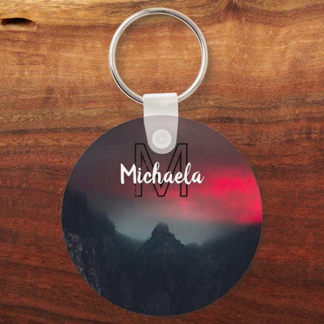 Burning clouds, fog and mountains monogram in sky keychain (Front)