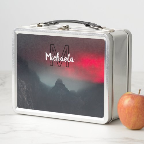 Burning clouds fog and mountains monogram in sky metal lunch box