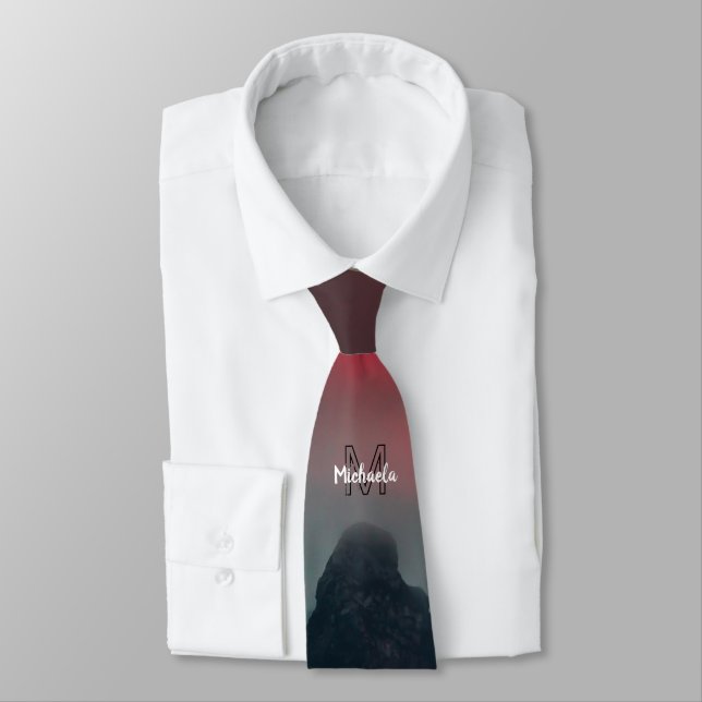 Burning clouds, fog and mountains monogram in sky neck tie (Tied)