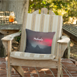 Burning clouds, fog and mountains monogram in sky outdoor pillow