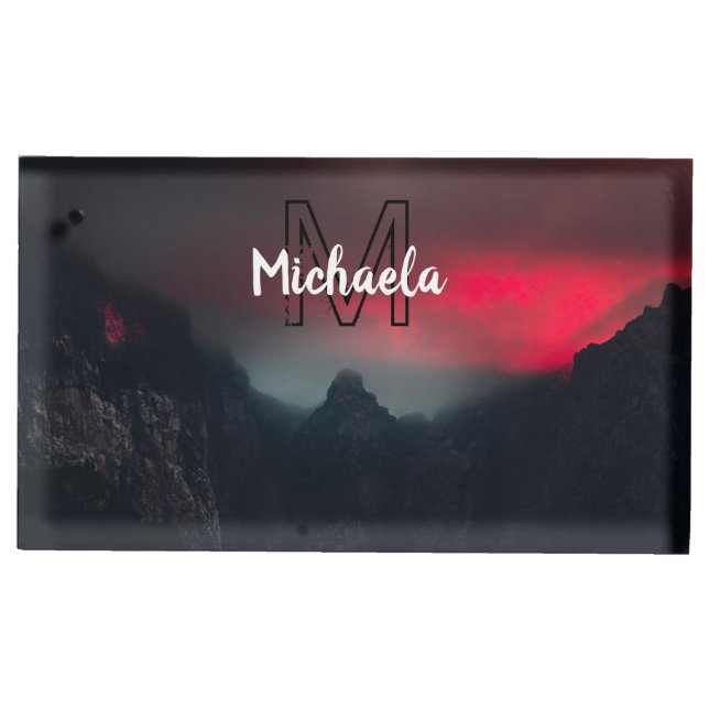 Burning clouds, fog and mountains monogram in sky place card holder (Front)