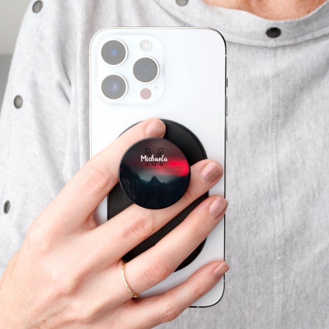 Burning clouds, fog and mountains monogram in sky PopSocket (Hand)