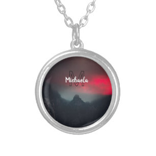 Burning clouds, fog and mountains monogram in sky silver plated necklace