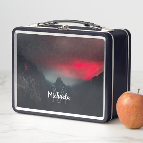 Burning clouds fog and mountains monogram metal lunch box