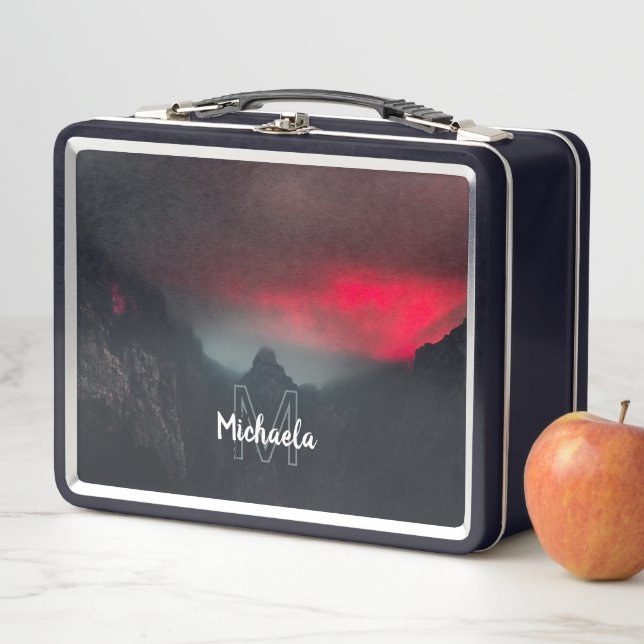 Burning clouds, fog and mountains monogram metal lunch box (In Situ)