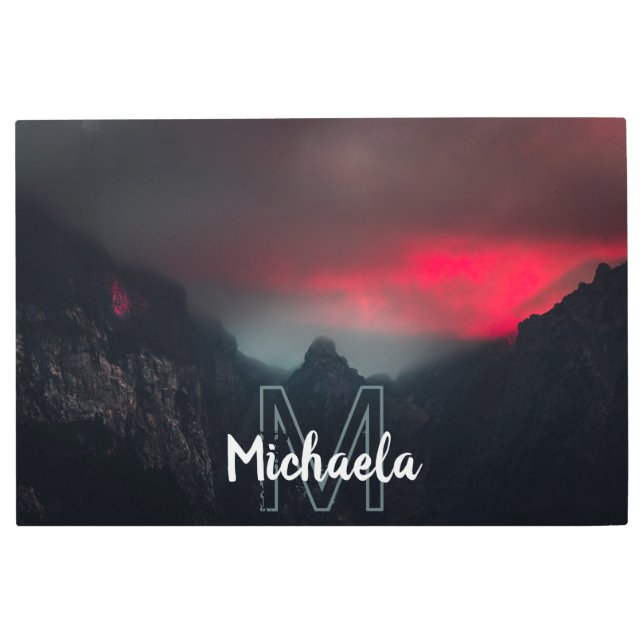 Burning clouds, fog and mountains monogram metal print (Front)