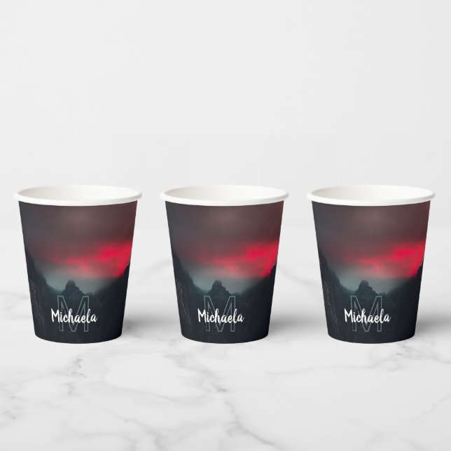 Burning clouds, fog and mountains monogram paper cups (Multi)