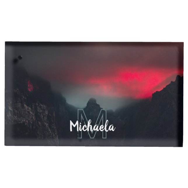 Burning clouds, fog and mountains monogram place card holder (Front)