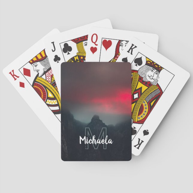 Burning clouds, fog and mountains monogram poker cards (Back)