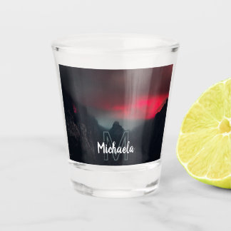 Burning clouds, fog and mountains monogram shot glass