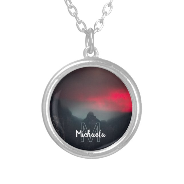 Burning clouds, fog and mountains monogram silver plated necklace (Front)