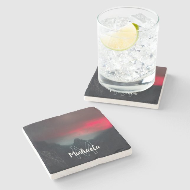 Burning clouds, fog and mountains monogram stone coaster (Side)