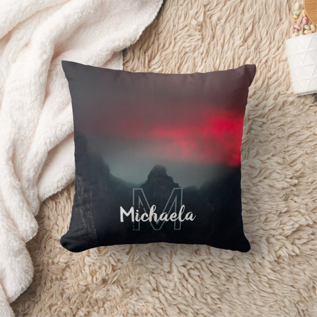 Burning clouds, fog and mountains monogram throw pillow (Blanket)