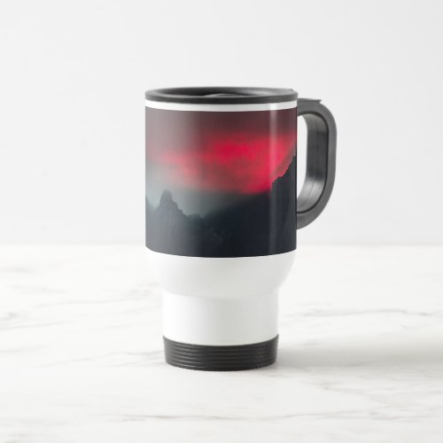 Burning clouds fog and mountains travel mug