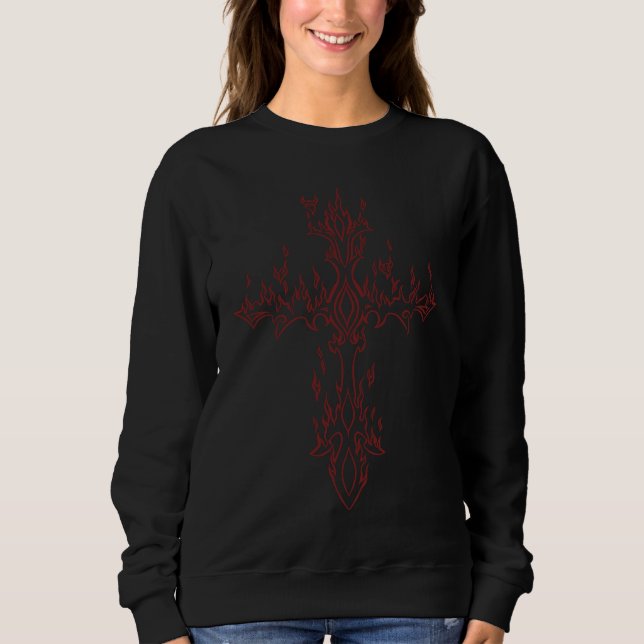 Burning Cross in Flame Emo E Girl Boy Y2K Alt Trad Sweatshirt (Front)